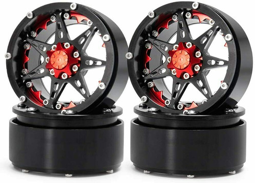 RC Truck Wheels 2.2 ALUMINUM Beadlock 7 Star RIMS BLACK W/ RED