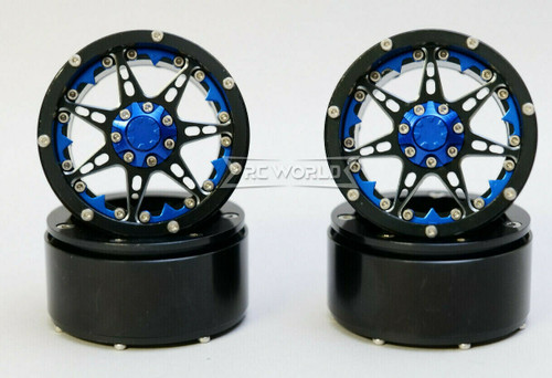 RC Truck Wheels 2.2 ALUMINUM Beadlock 7 Star RIMS BLACK W/ BLUE