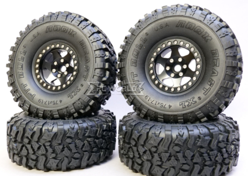 RC Truck Rims 1.9 Metal BEADLOCK 6 STAR Wheels  W/ 120mm PB Tires (4pcs) -BLACK- Soft